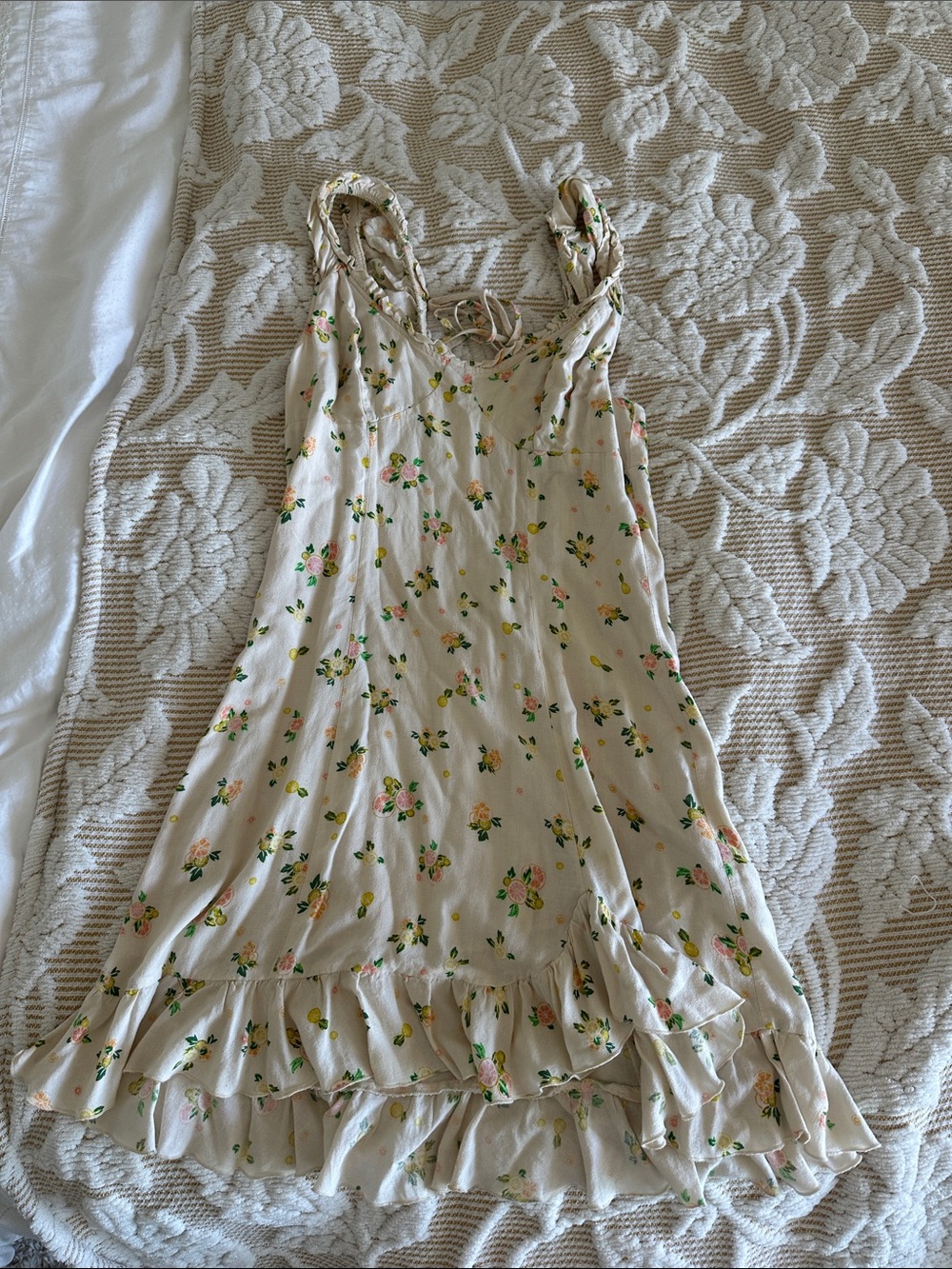 Floral Ruffled Slip Dress - Cream with Pink & Green Accents Free People